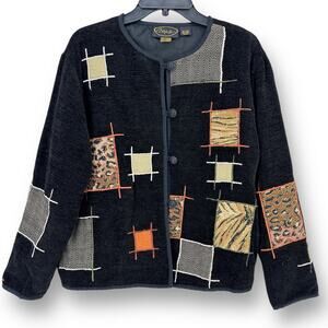 Alex Kim Chenille Animal Print Patchwork Jacket Womens Size Medium Black Artsy